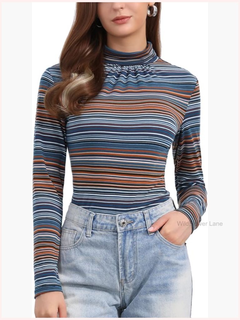 Women's Long Sleeve Turtleneck Slim Fit Striped Blouse Party Shirt